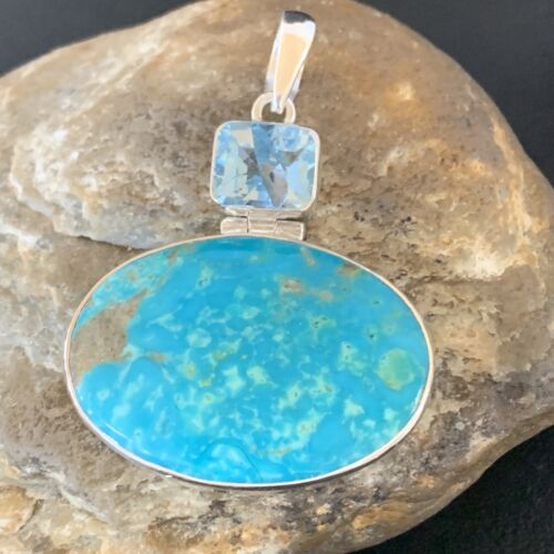 Navajo Blue Topaz Turquoise Multi-Stone Pendant | Authentic Native American Sterling Silver | 2.25" | 10713