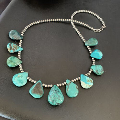 Southwestern Navajo Pearls Necklace | Sterling Silver | Blue Turquoise Teardrop | 13150