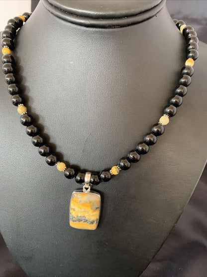 Men's Navajo Pearls Onyx Bumblebee Jasper Necklace Pendant | Sterling Silver | Native American Handmade | 10327