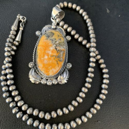 Navajo Bumblebee Jasper Pendant Necklace | Sterling Silver | Authentic Native American Handmade | 14201