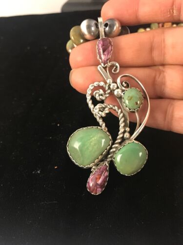 Navajo Green Turquoise & Spiny Oyster Pendant Necklace | Authentic Native American Sterling Silver | Multi-Stone | 8488