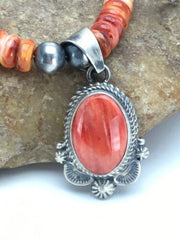 Navajo Orange Spiny Oyster Pendant Necklace | Sterling Silver Beads | Authentic Native American Handmade | 2689