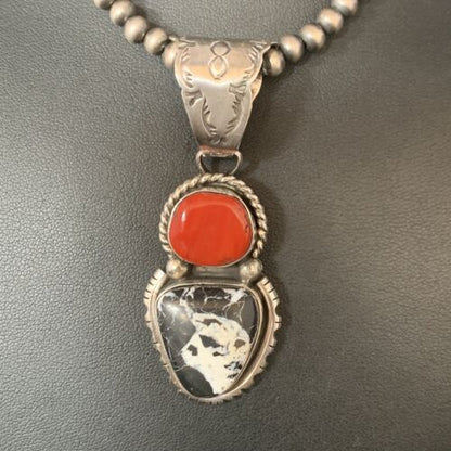 Navajo White Buffalo Turquoise Coral Pendant | Sterling Silver | Multi-Stone Necklace | 13579