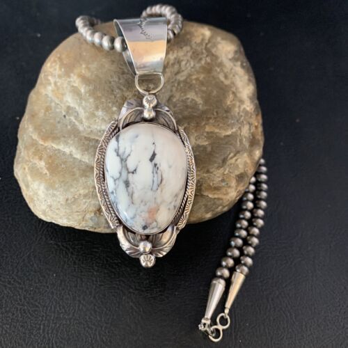 White Buffalo Turquoise Pendant Necklace | Sterling Silver | Navajo | Authentic Native American Handmade | 13991