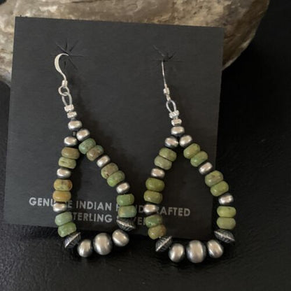 Navajo Green Turquoise Earrings | Sterling Silver | Native American Pearls Bead | 2" | 12889