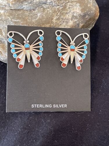 Native American Zuni Sterling Silver Inlay Earrings | Turquoise Coral Mother of Pearl | 1085