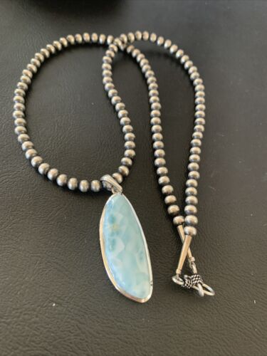 Navajo Blue Larimar Pendant Bead Necklace | Sterling Silver | Authentic Native American Handmade | 1761