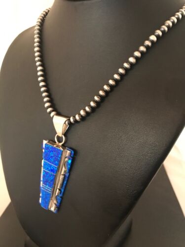 Authentic Native American Navajo Pearls Bead Necklace | Sterling Silver with Blue Opal Pendant | 8281