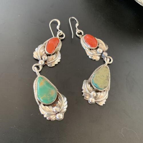 Navajo Green Royston Turquoise Red Coral Dangle Earrings | Sterling Silver | Authentic Native American Handmade | 2058