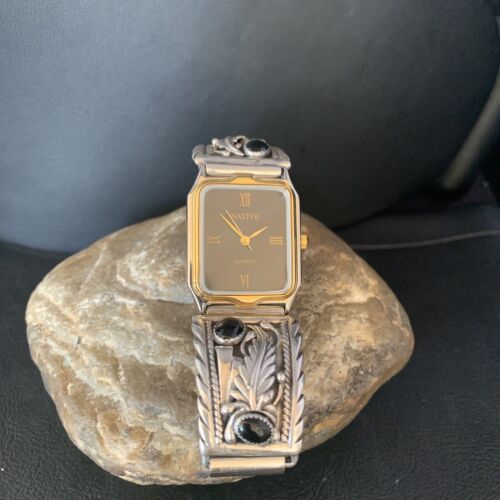 Authentic Native American Navajo Sterling Silver Watch Tips | Feather Design with Black Onyx Band | 14398