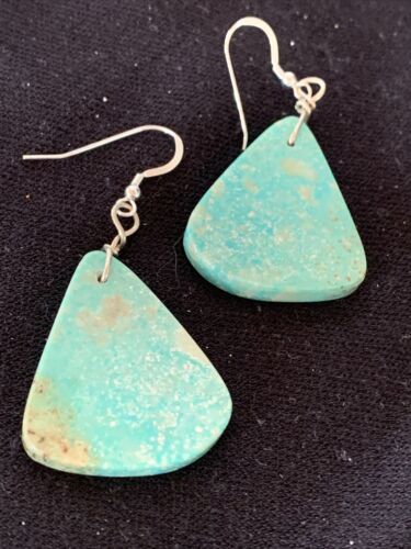 Southwestern Navajo Slab Turquoise Dangle Earrings | Sterling Silver | Authentic Native American Handmade | 1323