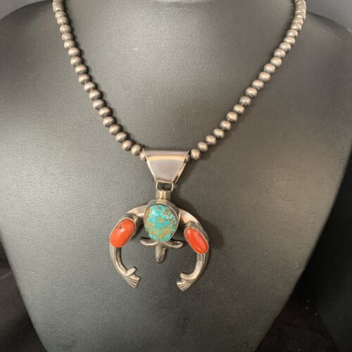 Navajo Pearl Necklace with Royston Turquoise & Coral Naja Pendant | Sterling Silver | 13644