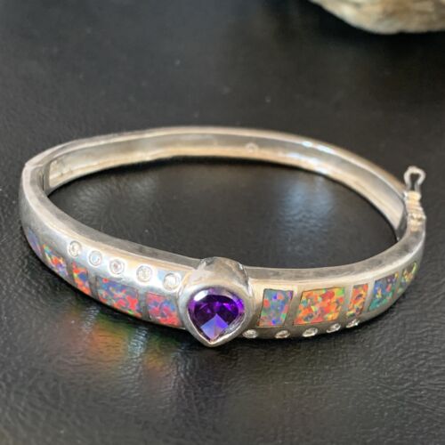 Old Pawn Navajo Opal Amethyst Bracelet | Sterling Silver | 7" | Sz 7 | Authentic Native American Handmade | 13121
