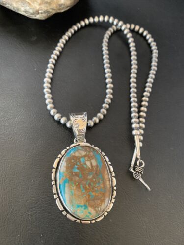Navajo Pearls Necklace with Blue Royston Turquoise Pendant | Sterling Silver | Authentic Native American Handmade | 10629