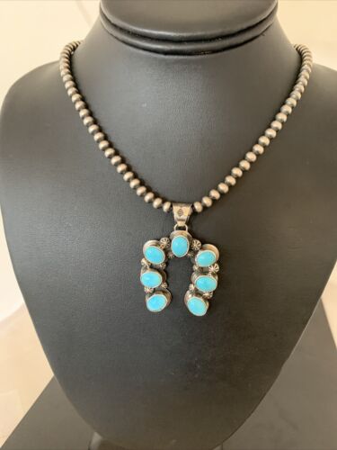 Navajo Sterling Silver Blue Turquoise Squash Blossom Necklace with Naja Pendant | 02011