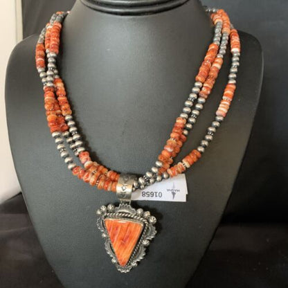 Navajo Red Spiny Oyster Pendant | Sterling Silver | Native American Pearls Necklace | Multi-Strand | 1658