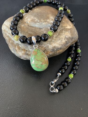 Navajo Pearls Onyx Mojave Turquoise Necklace Pendant | Sterling Silver | Authentic Native American Handmade | 13252