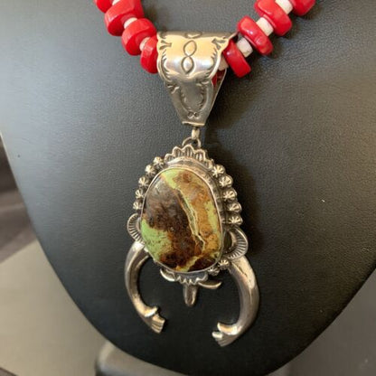 Navajo Green Gaspeite Naja Pendant with Red Coral | Sterling Silver | 23" Necklace | Authentic Native American Handmade | 11165