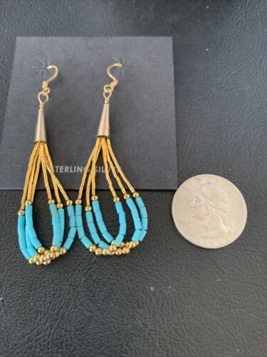 Navajo Blue Turquoise Dangle Heishi Earrings | Liquid Gold Filled Tubes | 2" | 13032