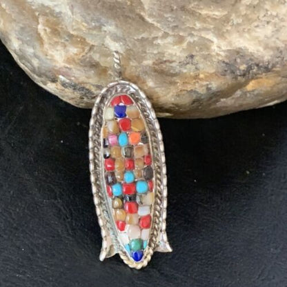 Zuni Corn Coral Mother of Pearl Turquoise Inlay Pendant | Sterling Silver | 1.75" | 13689