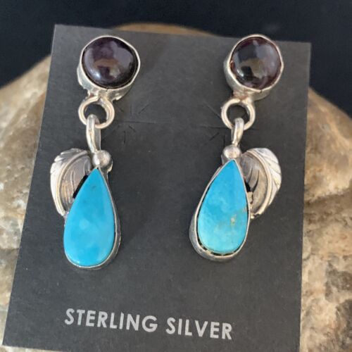 Navajo Sterling Silver Dangle Earrings | Purple Sugilite & Blue Turquoise | Leaf Design | 13446
