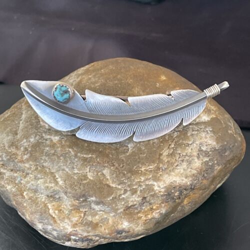 Handmade Sterling Silver Feather Barrette with Blue Turquoise Inlay | Authentic Navajo Jewelry | 2081