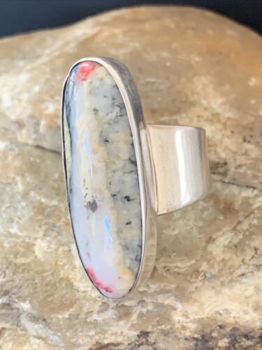 Southwestern Navajo Cinnabrite Ring | White Black | Sterling Silver | Sz 7.5 | 1558