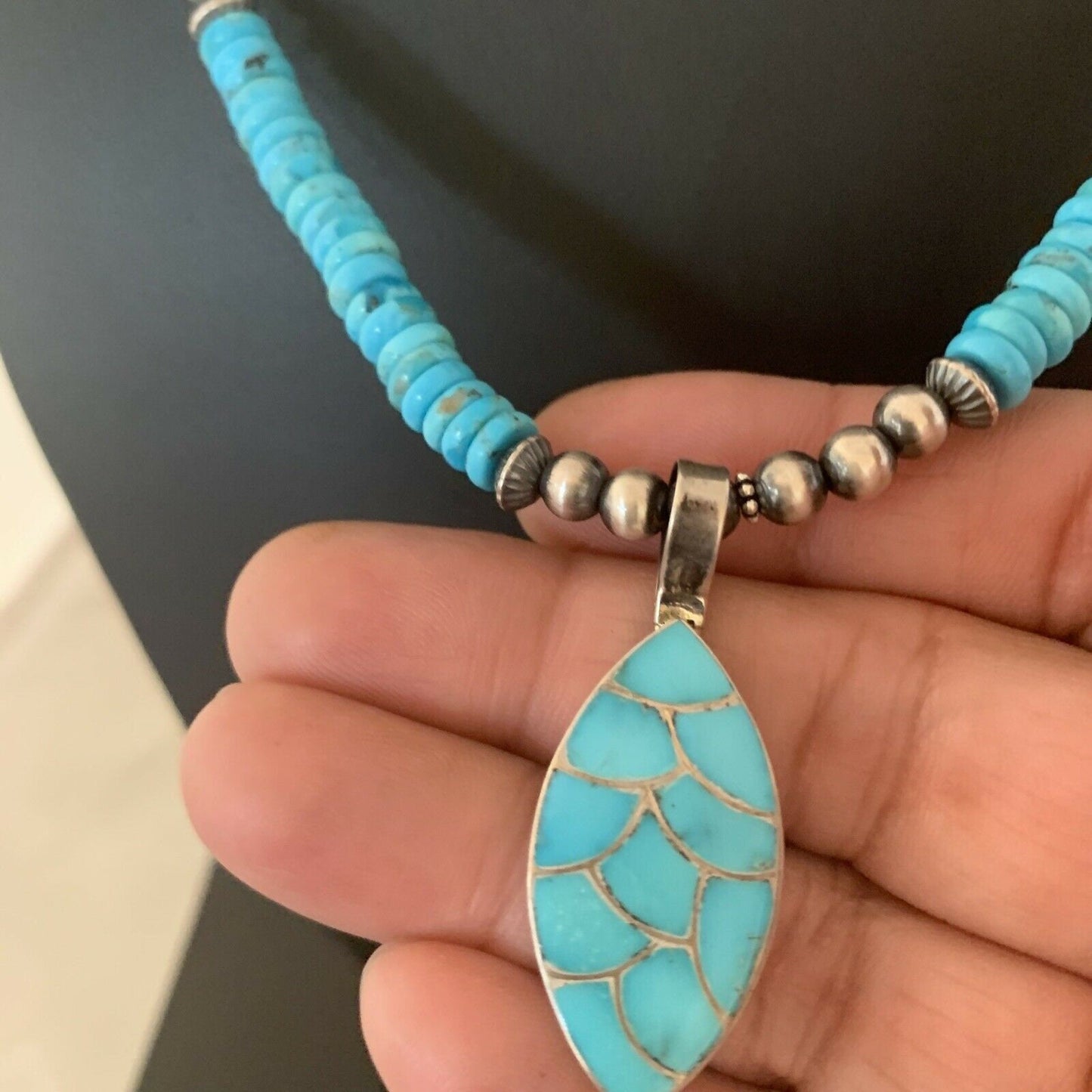 Zuni Blue Turquoise Necklace with Inlay Pendant | Sterling Silver | Authentic Native American Handmade | 02092