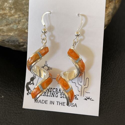 Navajo Snake Swirl Earrings | Orange Spiny Opal Inlay | Sterling Silver | 1.25" | Authentic Native American Handmade | 1549