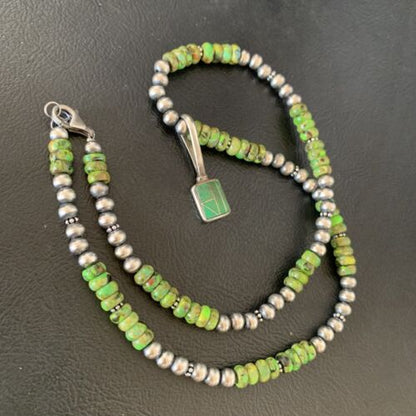 Navajo Green Gaspeite Turquoise Pendant | Sterling Silver | Authentic Native American Handmade | 13266