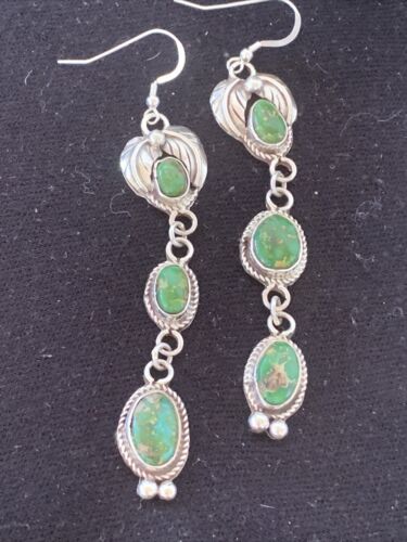 Navajo Sterling Silver Dangle Earrings | Green & Sonoran Gold Turquoise | Authentic Native American Handmade | 1213