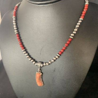 Red Apple Coral & Navajo Pearls Sterling Silver Bead Necklace with Pendant | Authentic Native American | 13437