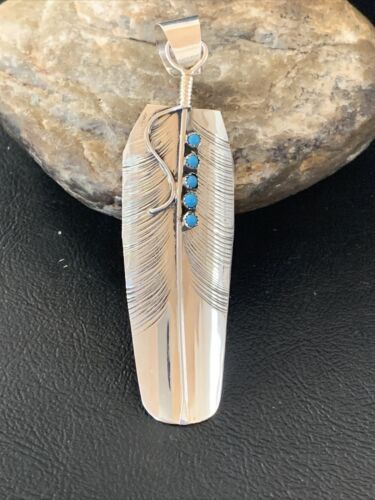 Navajo Turquoise Feather Pendant | Authentic Native American Sterling Silver | Multi-Stone | Handmade | 3.5" | 2106