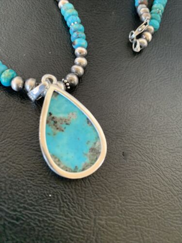 Navajo Pearl Necklace with Blue Kingman Turquoise Pendant | Sterling Silver | 11739
