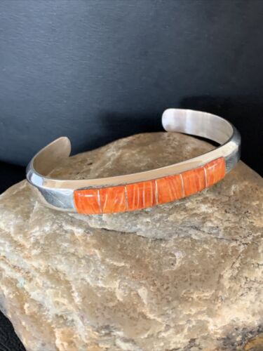Native American Zuni Orange Spiny Oyster Inlay Cuff Bracelet | Sterling Silver | 12098