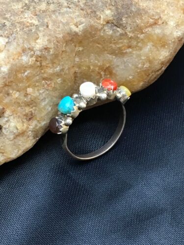 Zuni Blue Opal, Coral, Turquoise Multi-Stone Ring | Authentic Native American Sterling Silver | Multi-Stone | Sz 6.25 | 2501