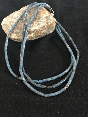 Native American Denim Lapis 3 Strand Necklace | Navajo Sterling Silver | 8472