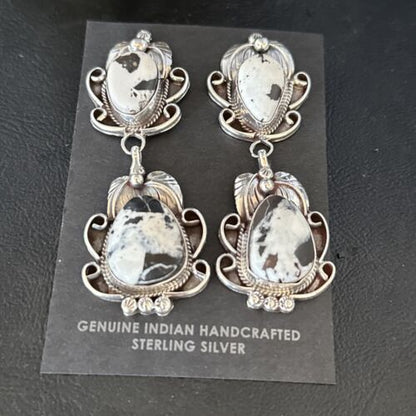 Navajo White Buffalo Turquoise Dangle Earrings | Sterling Silver | 2.5" | Authentic Native American Handmade | 14738