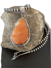 Navajo Men's Orange Spiny Oyster Pendant Necklace | Sterling Silver | Authentic Native American Handmade | 01760
