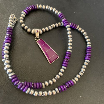 Navajo Pearl Necklace Purple Sugilite Inlay Pendant | Sterling Silver | Authentic Native American Handmade | 12620