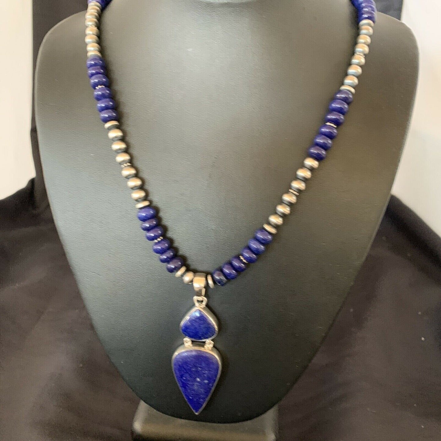 Navajo Sterling Silver Beads Necklace with Lapis Lazuli Pendant | 8mm | Authentic Native American Handmade | 11365