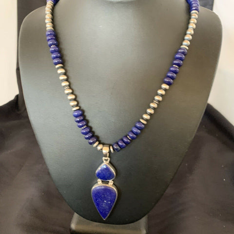 Stunning Navajo Sterling Silver 8 Mm Beads Necklace Lapis Lazuli Pendant 11365