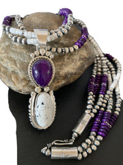 Navajo Sterling Silver Turquoise & Sugilite Beads Necklace Pendant | 23" | Multi-Strand | 01867