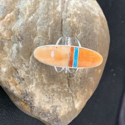 Navajo Red Spiny Oyster Turquoise Inlay Ring | Sterling Silver | Sz 6 | Authentic Native American Handmade | 11583
