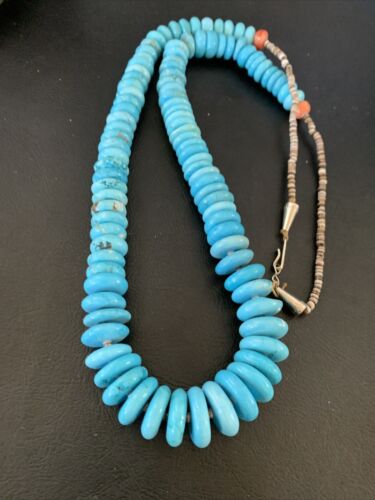 Navajo Pearls Bead Necklace with Blue Turquoise | Sterling Silver | 28" | Authentic Native American | 12537