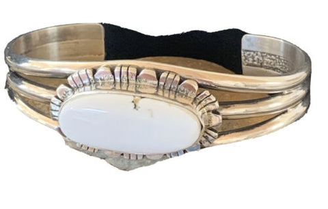 Navajo White Buffalo Turquoise Cuff Bracelet | Sterling Silver | Authentic Native American Handmade | 1422