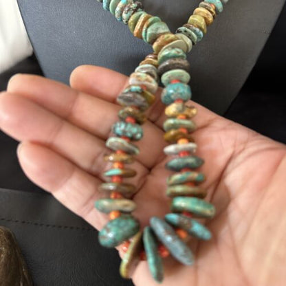 Navajo Turquoise & Red Spiny Oyster Necklace | Sterling Silver | Authentic Native American | 32" | 14381