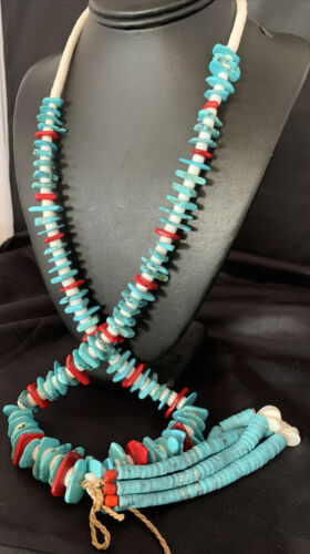 Native American Santo Domingo Blue Turquoise Red Coral Nugget Bead Jacla Necklace | 34" | 13197