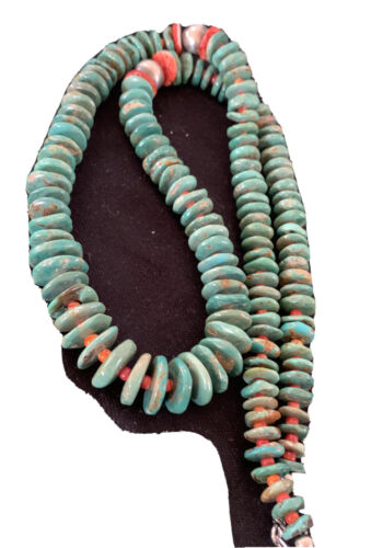 Authentic Native American Navajo Necklace | Sterling Silver | Green Turquoise & Spiny Oyster | 32" | 1670