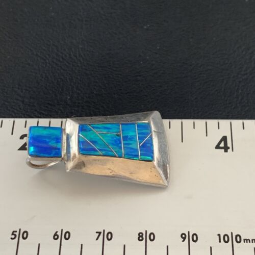 Authentic Native American Navajo Sterling Silver Blue Opal Inlay Pendant | Handmade Jewelry | 13339